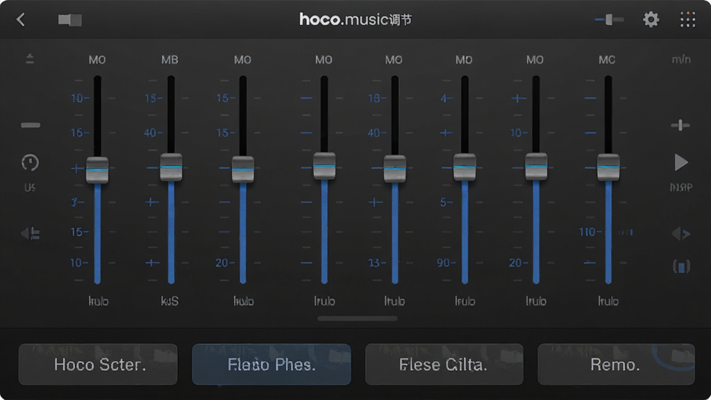 hoco.music 均衡器调节界面,多个频段滑块排列整齐,下方有预设音效选项按钮,背景是深灰色,风格专业简洁,画质干净