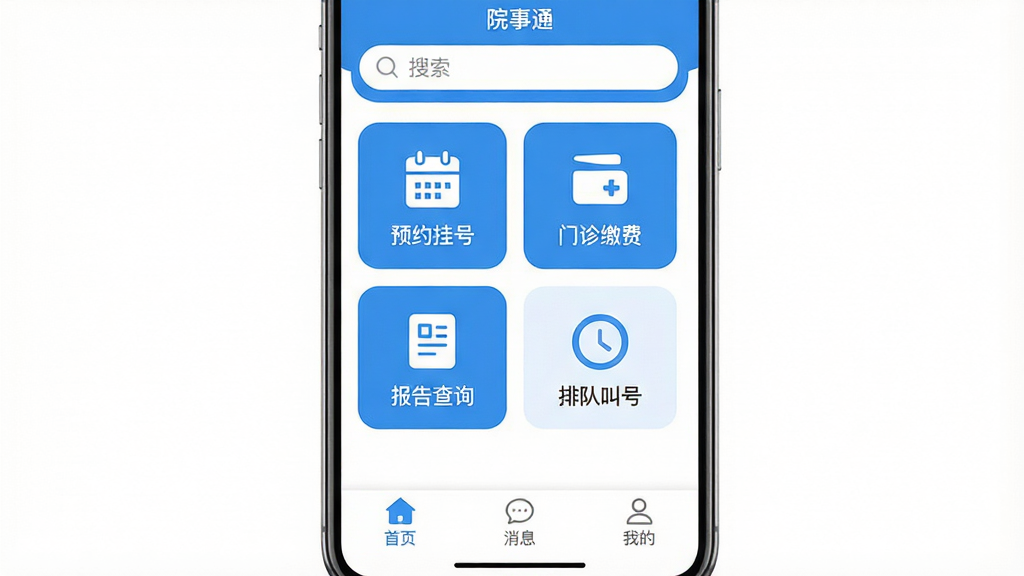 һ���ֻ�Ӧ�ý����ͼ�������ǡ�Ժ��ͨ��App����ҳ�����ִ��ϵ�������Ϊ�������������м��ĸ���ͼ�갴ť�ֱ��ע��ԤԼ�Һš�������ɷѡ��������ѯ�����Ŷӽкš����ײ�Ϊ����ѡ�����ҳ������Ϣ�����ҵġ����Ű������������Ϊ�ִ���ƽ��ҽ��������ɫ��ϸ��Բ�󣬻��ʸɾ��޶���Ԫ�أ�����Ϊ����ɫ��