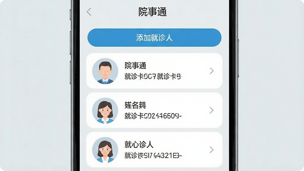 һ���ֻ�Ӧ�ý����ͼ�������ǡ�Ժ��ͨ��App�ļ�ͥ��Ա����ҳ�棬����Ϊ�����б���ÿ���б������ΪԲ��ͷ���Ҳ���ʾ�����;��￨�ţ������С����Ӿ����ˡ���ť���Ű����룬���Ϊ�ִ���ƽ����ƣ���ɫΪǳ����ҽ������ϸ��Բ�󣬻��ʸɾ��޶���Ԫ�ء�