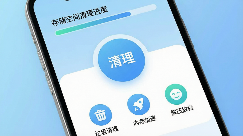 һ���ֻ���Ļ��д����������չʾ������ѹ���ˡ�App�������棬������ǳ��ɫ�Ͱ�ɫΪ��ɫ����������ʾ�ֻ��洢�ռ��������������м���һ������Բ��������ť����ť�·������š����������������ڴ���١�������ѹ���ɡ���������ͼ�꣬����ɾ������޹�浯������������͵Ľ�����ɫ������ִ���ƽ����ϸ��Բ�󣬻����������޶���Ԫ��