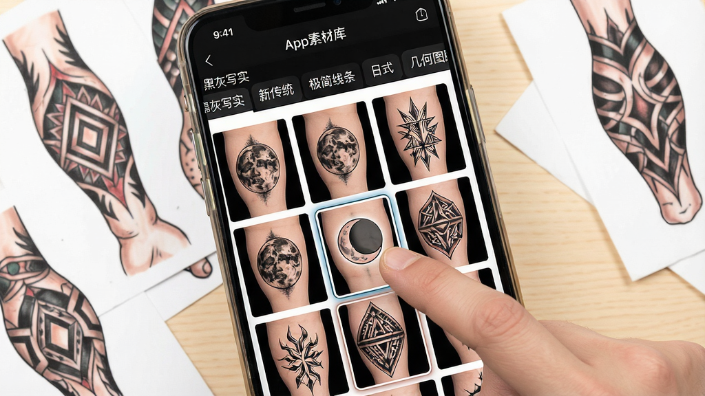 һ��չʾ��������ơ�App�زĿ�����ͼƬ�������������ֻ���Ļ����Ļ����ʾ�����ǩ�����������š��ڻ�дʵ�����´�ͳ������������������ʽ��������ͼ�ڡ������֣��·����������е�����ͼ������ͼ����ÿ��ͼ������������������Ӱϸ�ڣ�����һ��С���ڲ�ļ�������ͼ������ָ���ѡ�У���Χ�и����߿��ֻ��Ա�ɢ���ż��Ŵ�ӡ�����������ָ壬������ǳľɫ���棬���ɾ�����