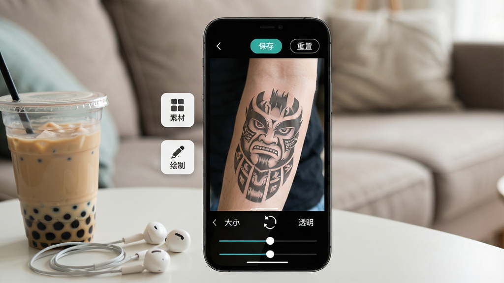 һ��չʾ��������ơ�App���������ͼƬ�������������ֻ���Ļ����Ļ����ʾԤ���༭���棬һ���ֱ���Ƭ�ϵ����Ű�͸����ͼ��ͼ������Ļ�ײ��д�С����ת��͸�����������ڻ��飬��Ļ�����С����桱�����á���ť����Ļ��������š��زġ������ơ����������ڣ��ֻ��Ա߷���һ���̲��һ�����߶����������ǾӼ�ɳ��������������ͣ������Χ���