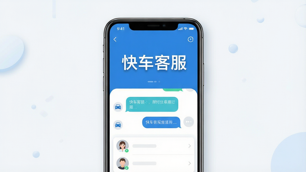 一张展示“快车客服”软件核心全貌的图片,画面主体是一个现代简约风格的手机界面,界面中央显示“快车客服”四个大字,下方有即时通讯对话框和联系人列表的缩略图标,布局清晰,排版采用居中对称设计,风格为扁平化科技蓝,细节上带有轻微阴影和圆角,画质高清干净,无多余元素