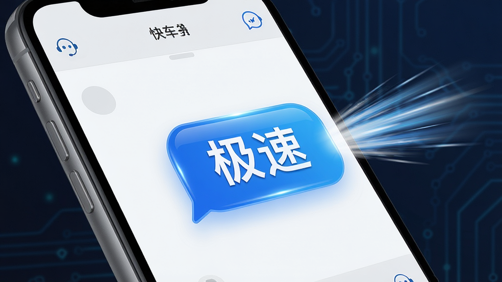 一张展示“快车客服”消息极速收发功能的图片,画面主体是手机屏幕特写,屏幕上显示聊天界面,一条消息气泡刚刚发出,旁边有速度线特效表示“极速”,布局为横向构图,排版突出聊天气泡,风格为动感科技风,细节上气泡有光泽感,画质清晰干净,无多余元素