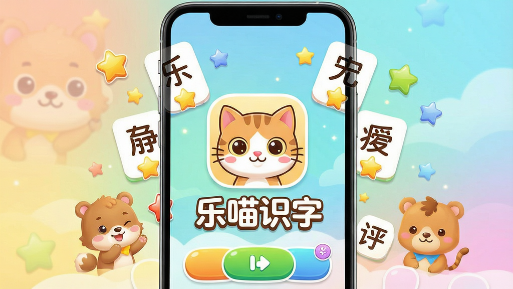 һ��չʾ��ͯʶ���������Ľ����ͼƬ�����������ǡ�����ʶ�֡��Ŀ�ͨèͷͼ�꣬��Χ�����ź��ֿ�Ƭ��С���ǽ����Ϳɰ��Ķ����ɫ�����ֲ����ֻ���Ļչʾ��ʽ���Ű������������ͼ�����֣����������������õĶ�ͯ�����磬ϸ�ڰ���Բ��İ�ť����͵Ľ��䱳�������������ɾ��޶���Ԫ��