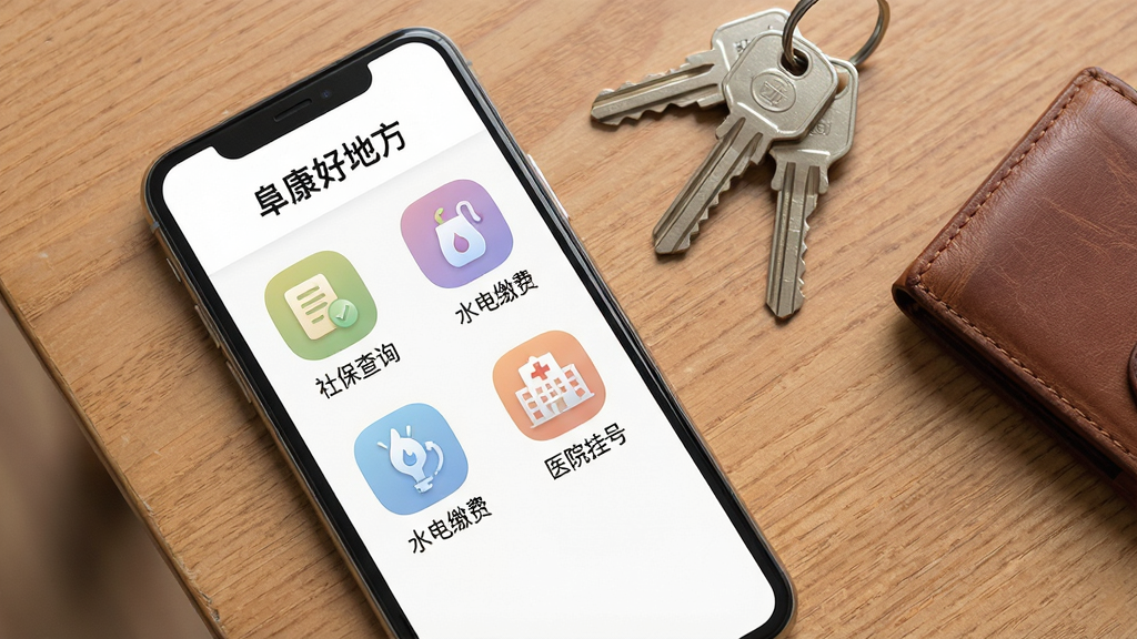 һ��չʾ�ֻ�APP�����������ͼƬ������������һ�������ֻ�����Ļ����ʾ�������õط����ı������ҳ�棬�ж����ɫͼ���������У�ͼ���·������ֱ�ǩ�硰�籣��ѯ����ˮ��ɷѡ���ҽԺ�Һš��ȣ��ֻ�ƽ���������ϣ��Ա���һ��Կ�׺�һ��Ǯ��������Ϊ�����ӽǣ����Ϊ��Լ����磬ϸ����ͼ��ɫ����ͣ��������������ʸ��壬�޶���Ԫ��