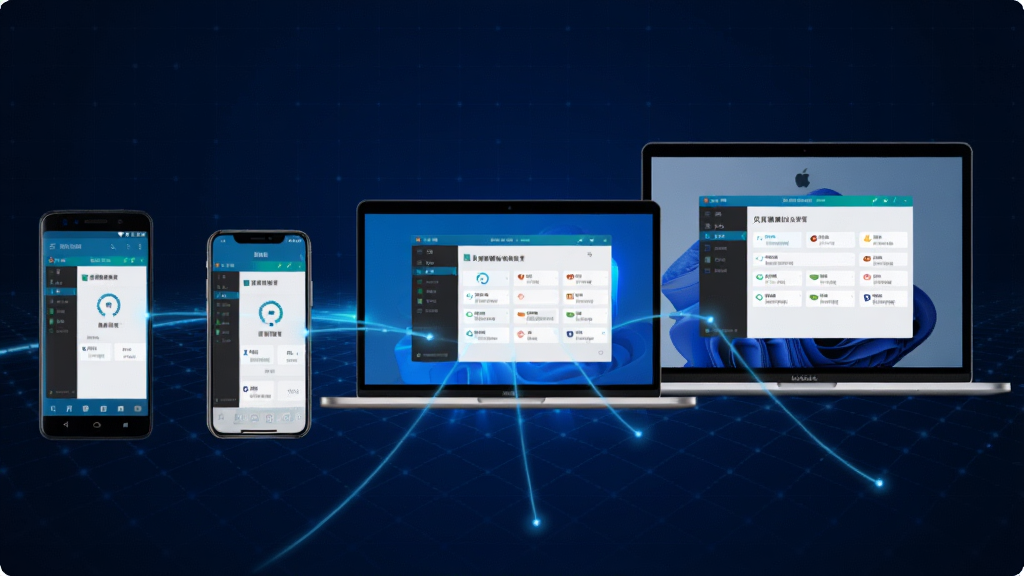 �����ѹ�Ӣȫƽ̨֧�ֹ���չʾͼ�������в��Űڷ��Ű�׿�ֻ���iPhone��Windows�ʼǱ���MacBook��ÿ���豸����Ļ�϶���ʾ�ű����ѹ�Ӣ�Ŀͻ��˽��棬�����豸֮���÷������ɫ�������ӣ����������ݻ�ͨ������������ɫ�ĿƼ������񣬷�����ִ������������ɾ�