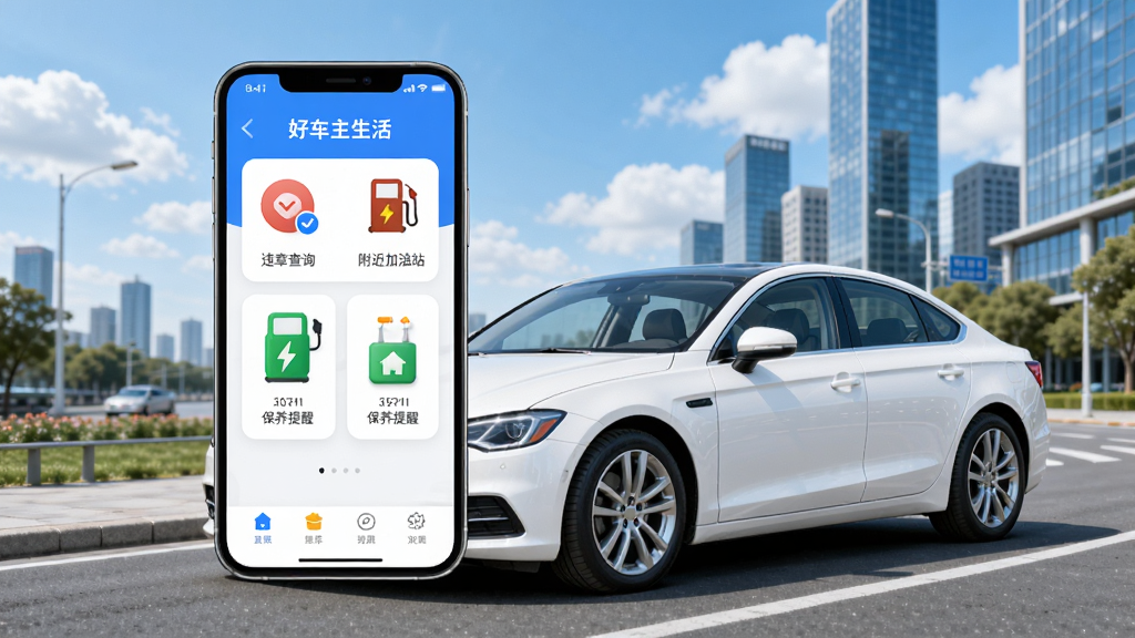 �ó�������App��ҳ����չʾ��һ����ɫ�γ�ͣ�ڳ��е�·�ԣ��ֻ���Ļ�����ڳ�ǰ������Ļ����ʾ�ó�������Ӧ�������棬����Υ�²�ѯ����������վ���������ѵȹ���ͼ�꣬������������ƺ��ִ����н������������������������ʸɾ��������޶���Ԫ��
