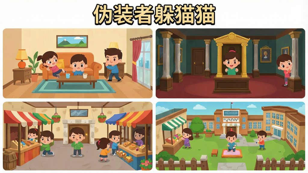 һ��չʾ��αװ�߶�èè��������Ϸ��ͼѡ���ͼƬ�������в���չʾ�ĸ���ͬ���ĵ�ͼ����ͼ���ֱ��ǿ���������ݡ����к�У԰������ÿ����ͼ�϶��п�ͨ��ɫ�ڶ�أ�������ʾ��αװ�߶�èè�����������ͨ��ƽ��ɫ�ʷḻ�����ʸɾ��޶���Ԫ��