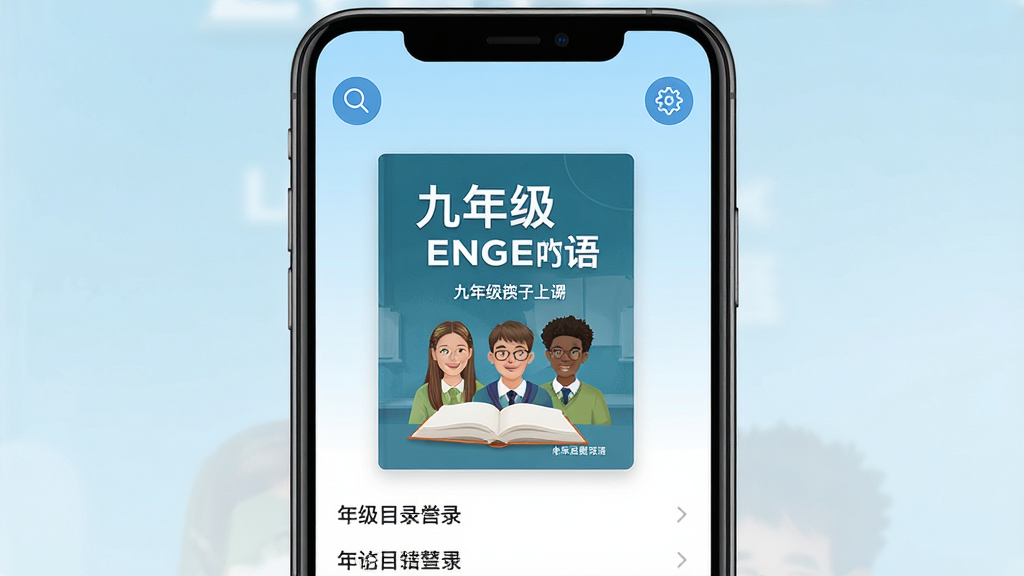 һ��չʾ���꼶Ӣ���ϲ�App���Ľ����ͼƬ������Ϊ�ֻ���Ļ����ʾ���꼶Ӣ���ϲ���ӿα�����͵�ԪĿ¼�б�������Ϊ����չʾ�ֻ����棬�Ű������������Ϊ�ִ�������App��ƽ����ƣ�ϸ�ڰ�������������ͼ������ð�ť������Ϊ����ɫ���䣬���ʸɾ��޶���Ԫ��