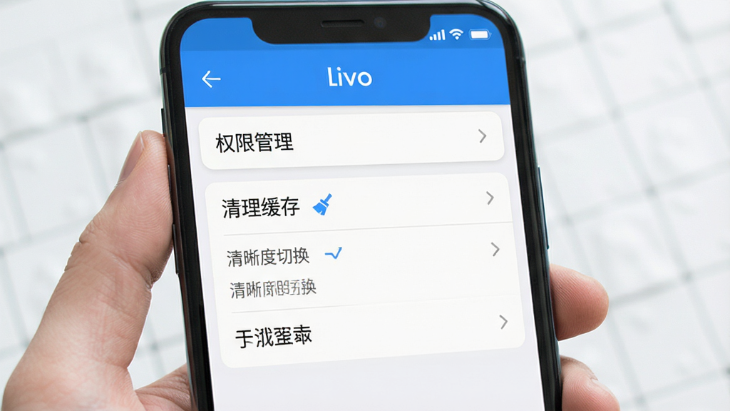 һ��չʾLivo�����ƶ���ʹ�ü��ɵ�ͼƬ���������ֻ���Ļ����Ļ����ʾ��Livo�����ò˵����˵��������Ȩ�޹����������������桱�����������л����ȣ���������������࣬ɫ������ɫ�Ͱ�ɫΪ����ϸ����ȷ�����ʸɾ����޶���Ԫ��