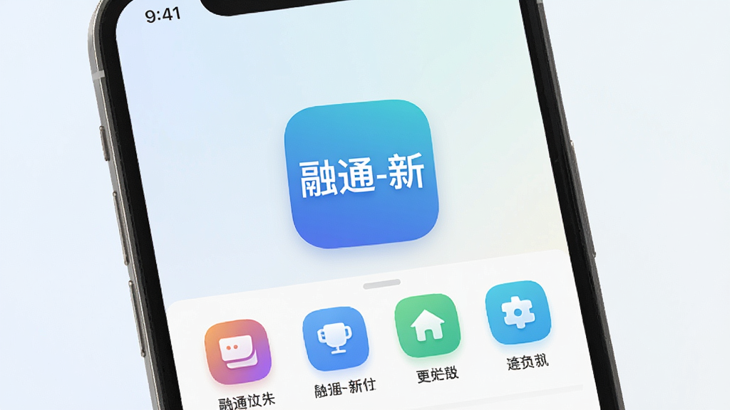 一张手机屏幕展示界面,画面中央是“融通-新”的软件图标和主界面,背景是简洁的浅色渐变,界面显示几个功能入口图标排列整齐,风格现代扁平化,细节清晰,画质干净无多余元素