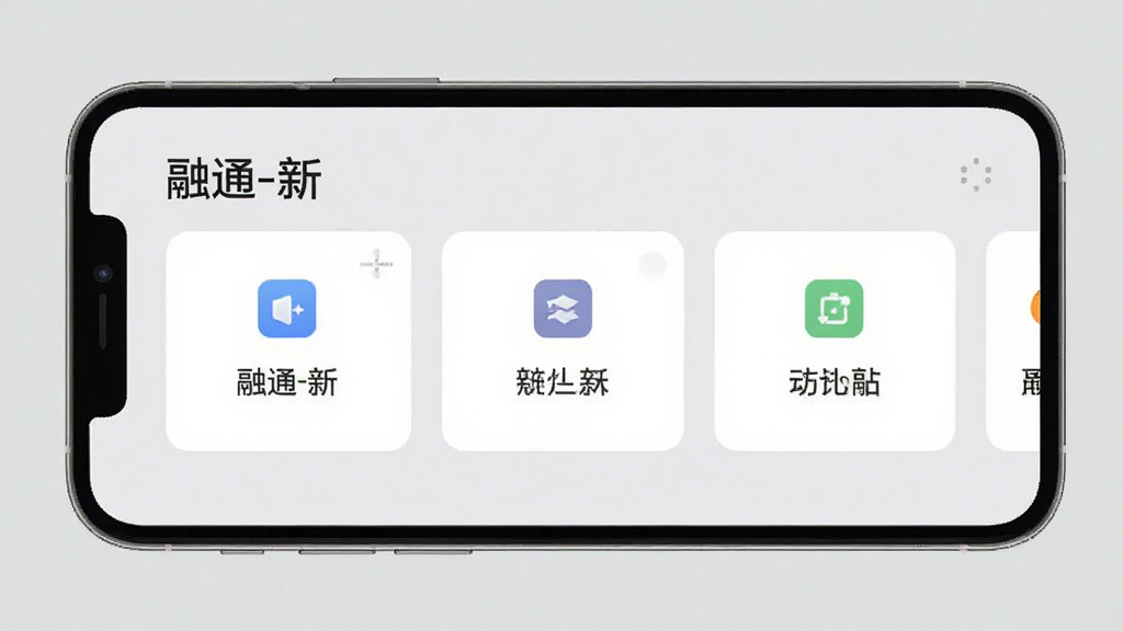 一张手机应用界面截图,画面展示“融通-新”的功能面板,几个功能卡片横向排列,每个卡片有图标和简短文字说明,背景是纯色浅灰,排版整齐,风格简约清爽,画质干净无多余元素