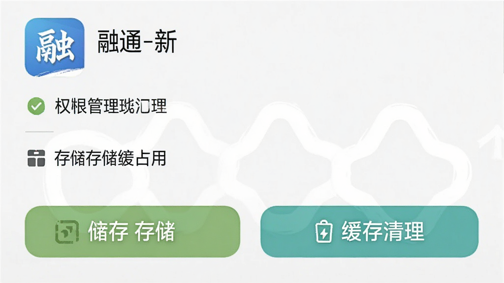 一张手机截图,画面显示“融通-新”的应用信息页面,包含权限管理、存储占用和缓存清理按钮,界面干净,文字清晰,风格扁平化,画质干净无多余元素