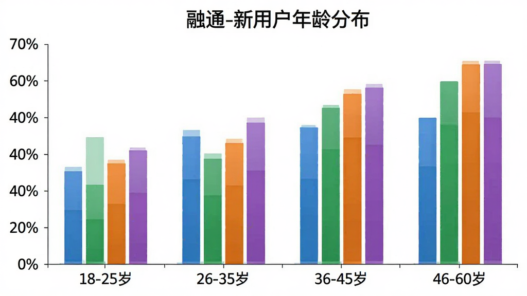 一张柱状图,横轴是年龄段“18-25岁”“26-35岁”“36-45岁”“46-60岁”,纵轴是用户占比百分比,柱状颜色分别为蓝色、绿色、橙色、紫色,图表标题为“融通-新用户年龄分布”,背景白色,风格简洁清晰,画质干净无多余元素