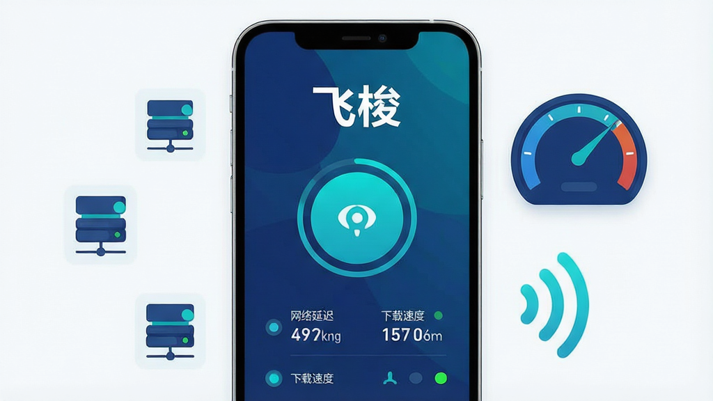 一张展示手机网络加速工具“飞梭”核心全貌的场景图。画面中央是一部竖屏手机,手机屏幕上显示“飞梭”应用主界面,界面以深蓝和青色为主色调,顶部有醒目的“飞梭”文字标识,中间是一个大大的圆形连接按钮,按钮下方显示网络延迟和下载速度数据,周围环绕着简洁的节点列表和状态指示灯。手机左侧漂浮着几个代表服务器节点的图标,右侧有速度仪表盘和信号波纹元素。整体风格为现代扁平科技风,细节干净利落,画质清晰,无多余杂乱元素。