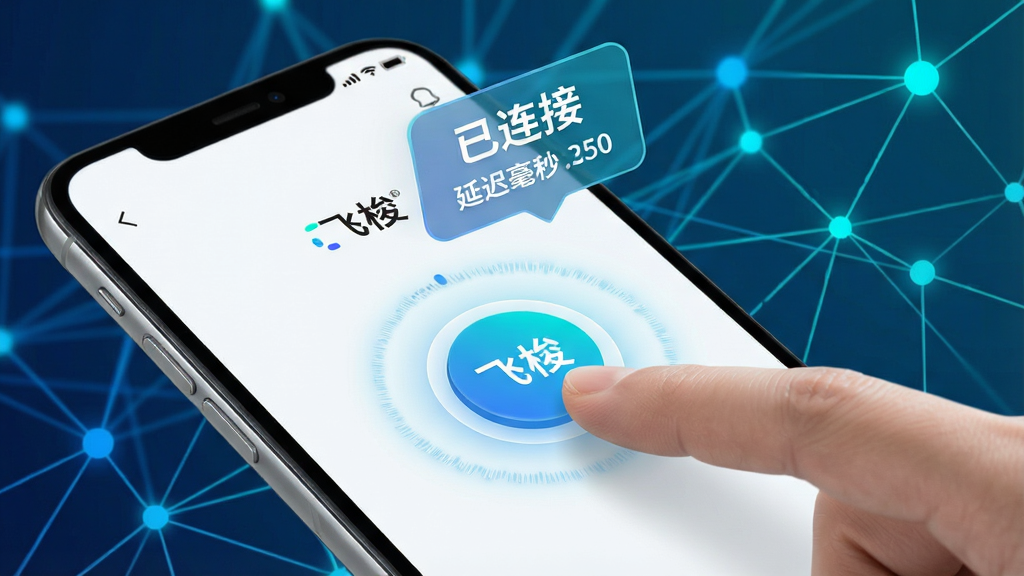 一张展示“飞梭”一键连接功能的AI生图。画面主体是一部手机,屏幕中央显示“飞梭”应用界面,一个醒目的圆形按钮正被手指点击,按钮周围有光晕扩散效果,表示连接成功。手机上方漂浮着“已连接”和延迟毫秒数的悬浮标签,背景是抽象的网络节点连接线,以蓝色和青色为主色调。布局简洁,重点突出按钮和状态反馈,风格现代科技感,画质干净清晰,无多余元素。