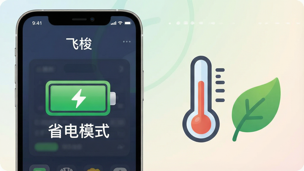 一张展示“飞梭”省电优化特性的生图。画面左侧是一部手机,屏幕显示“飞梭”应用界面,旁边有一个绿色的电池图标和“省电模式”文字标识。手机右侧是一个温度计图标和一片绿叶,象征低功耗和低温运行。背景是柔和的浅色渐变,布局左右对称,风格清新简约,细节圆润,画质干净,无多余元素。