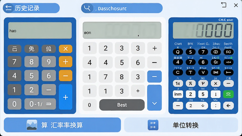 免费计算器万能王 软件主界面截图,展示标准计算器和科学计算器切换面板,背景为简洁的蓝白配色,顶部有历史记录入口,中间是数字键盘和功能按键,底部有汇率换算和单位转换的快捷图标,整体风格现代扁平,画质清晰干净无多余元素
