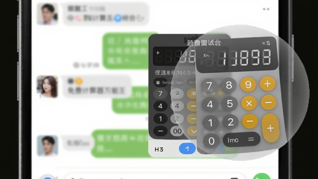 免费计算器万能王 悬浮窗功能演示图,手机屏幕右侧边缘有一个半透明的圆形计算器悬浮球,旁边弹出一个迷你的计算器界面,背景是正在聊天的社交软件界面,展示便捷的跨应用计算场景,画质干净无多余元素