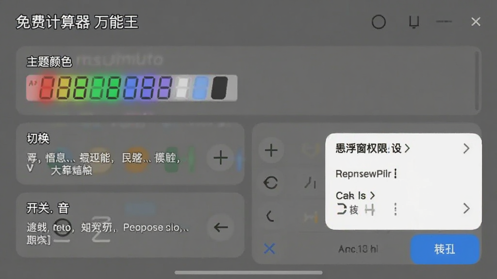 免费计算器万能王 设置界面截图,展示主题颜色切换、按键音开关、悬浮窗权限设置等选项,界面布局清晰,每个选项旁边有详细的文字说明,风格简约现代,画质干净无多余元素