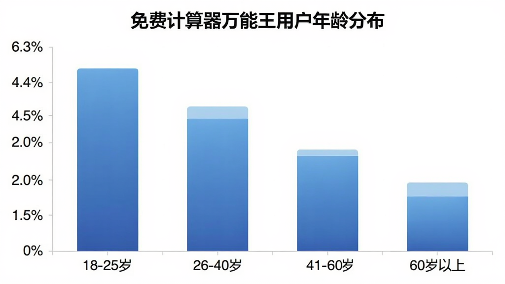 免费计算器万能王 用户年龄分布柱状图,横轴为年龄段18-25岁、26-40岁、41-60岁、60岁以上,纵轴为用户占比百分比,柱状图颜色为渐变的蓝色系,图表标题为“免费计算器万能王用户年龄分布”,风格简洁商务,画质清晰无多余元素