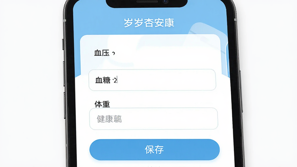 �����Ӱ��� ������¼���棬�ֻ���Ļ����ʾ�������Ӱ�����App������¼��ҳ�棬����Ѫѹ��Ѫ�ǡ����������ͱ��水ť��������ɫΪǳ�����ɫ����������������ִ���ƽ�����ʸɾ��޶���Ԫ��