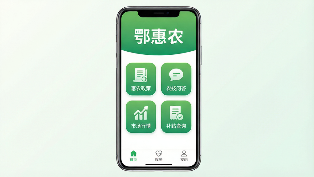 ����ũAPP�ٷ�Ӧ��������ȫòչʾ������������һ�������ֻ�����Ļ��ʾ����ũAPP��ҳ������Ϊ��ɫ������д�š�����ũ��������ɫ���֣��м������š���ũ���ߡ���ũ���ʴ𡱡��г����顱��������ѯ���ĸ�Բ��ͼ�꣬�ײ��������С���ҳ�������񡱡��ҵġ�����ѡ������岼�ּ�࣬����ɫ�Ͱ�ɫΪ��ɫ��������ִ���ƽ��ͼ��Բ������������Ϊ�ɾ���ǳɫ���䣬���ʸ����޶���Ԫ��