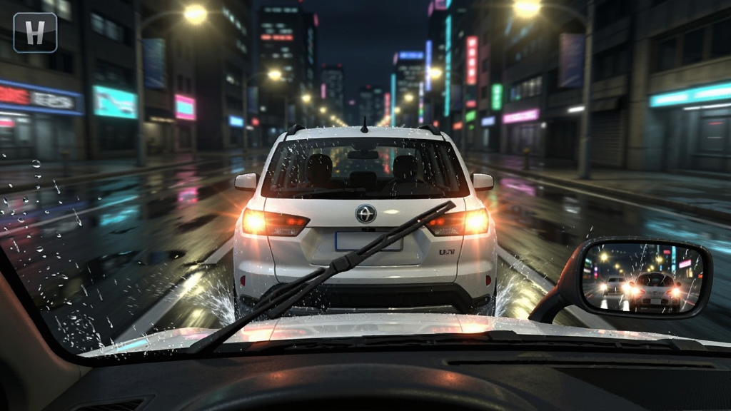 �������м�ʻ��Ϸ����ҹ��������ͼ��һ����ɫSUV��ʪ���ĳ��е�·����ʻ��·���л�ˮ��Ӱ��·�ƺͳ����γɹ���Ч������δ��ڵ��粣���ϣ����沼���Գ���Ϊ���ģ�������ģ���ĳ����޺�ƣ����Ϊдʵ��Ⱦ��ϸ�ڰ�����ˢ����ˮ������ͷ��⾵��ĵƹ⣬���ʸɾ��޶���Ԫ��