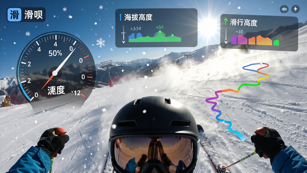 ��ѩ�ߵ�һ�ӽ������ѩ�����棬�����ϵ����ˡ����¡�App���ɵĶ�̬������Ч�������ٶȱ������θ߶ȡ����й켣�ߣ�����Ϊ��ѩ��ͷ���ӽǣ�����Ϊȫ������ʽ���Ű�Ϊ���ݸ��������ѩ���ϣ����Ϊ�˶����UI���ϸ����ѩ���ɽ������ⷴ�䡢��ɫ�����������ʸ��壬�ɾ����޶���Ԫ��