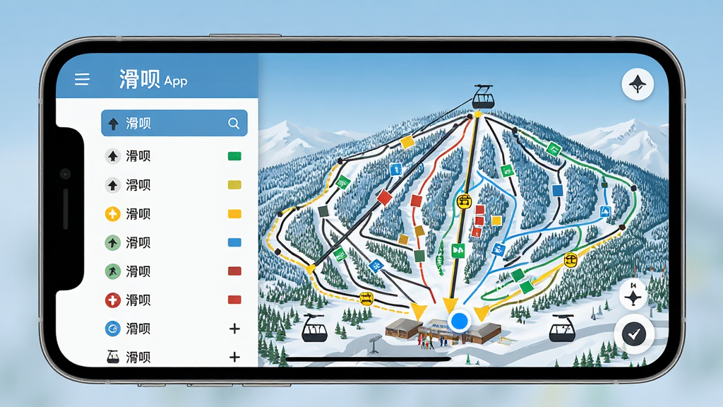 ѩ��ȫ����ͼ���棬�����б�ע�ˡ����¡�App�����ߵ�ͼ���ܣ�����Ϊ�ֻ���Ļ��ʾѩ���ֲ�ͼ������Ϊ��ͼռ�ݴ󲿷ֻ��棬�Ű�Ϊ���ѩ���б��Ҳ��ͼ�����Ϊ���⵼��UI���ϸ�����³�ͼ�ꡢѩ���Ѷ�ɫ�顢��λ���㣬���ʸ��壬�ɾ����޶���Ԫ��