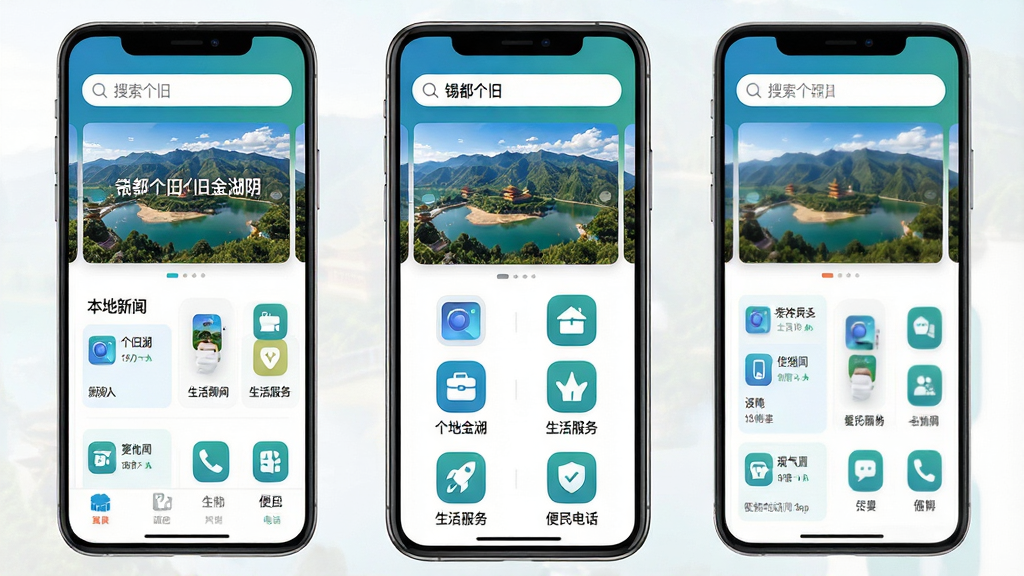 һ��չʾ���������ɡ�App���Ľ��������ȫòͼ������Ϊ�ֻ���Ļ�ڳ��ֵ�App��ҳ�����ִ��ϵ�������Ϊ�������������м��ֲ�ͼչʾ���ɽ������ɽ�羰���·��������б������š�������񡢱���绰��ͼ����ڣ��Ű��������򣬷��Ϊ�ִ���ƽ����ƣ�ϸ�ڴ�ͼ��Բ��ɫ��������Ϊ��ɫ�������ʸ���ɾ����޶���Ԫ��