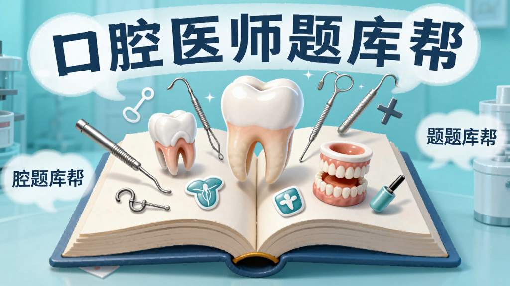 一幅AI生成的插画,画面主体是一本打开的书本,书页上漂浮着各种牙齿模型、口腔器械和医学符号,书本周围环绕着“口腔医师题库帮”的文字气泡,布局居中,风格清新明亮,细节丰富,画质干净,无多余元素