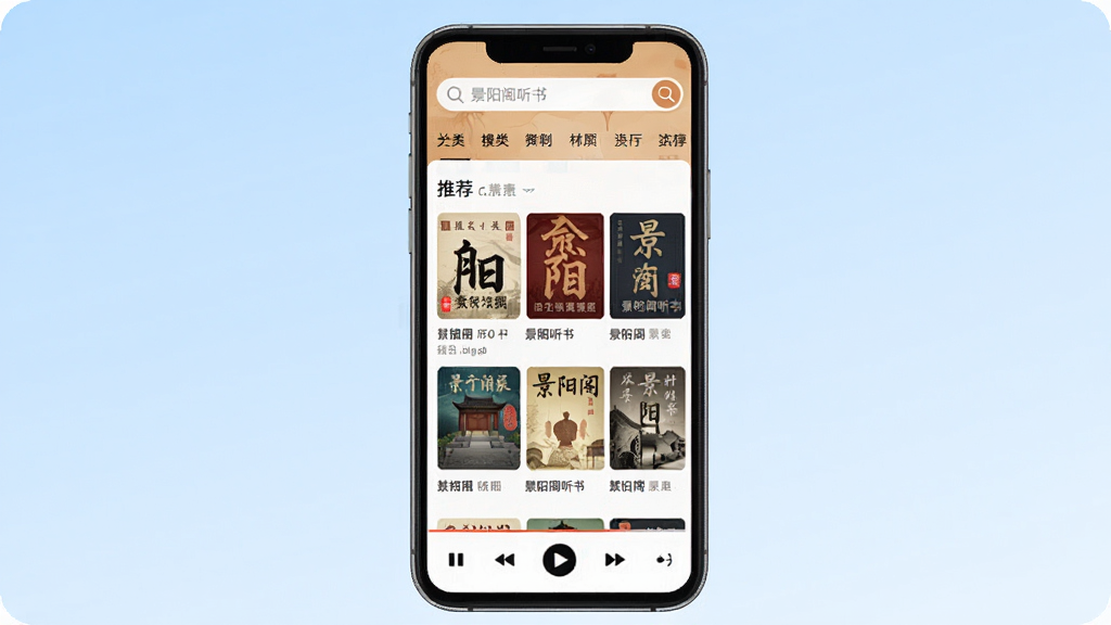 һ��չʾ����������App���Ľ����ͼƬ���ֻ���Ļ���У���Ļ����ʾ�������������ҳ���������������ͷ����ǩ���м����Ƽ��鼮����ǽ���ײ�Ϊ���ſ�����������Ϊǳ��ɫ���䣬������ִ���ƽ�������������ɾ��޶���Ԫ��