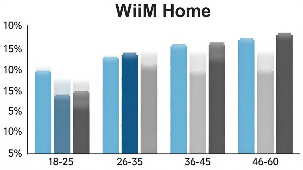 һ��չʾWiiM Home�û�����ֲ�����״ͼ������Ϊ18-25�ꡢ26-35�ꡢ36-45�ꡢ46-60���ĸ�����Σ�����Ϊ�û�����ռ�ȣ�������ɫ�ֱ�Ϊǳ����������ǳ�ҡ���ң���״ͼ�Ϸ��С�WiiM Home�����⣬�����ǰ�ɫ����������ݿ��ӻ��������������޶���Ԫ��