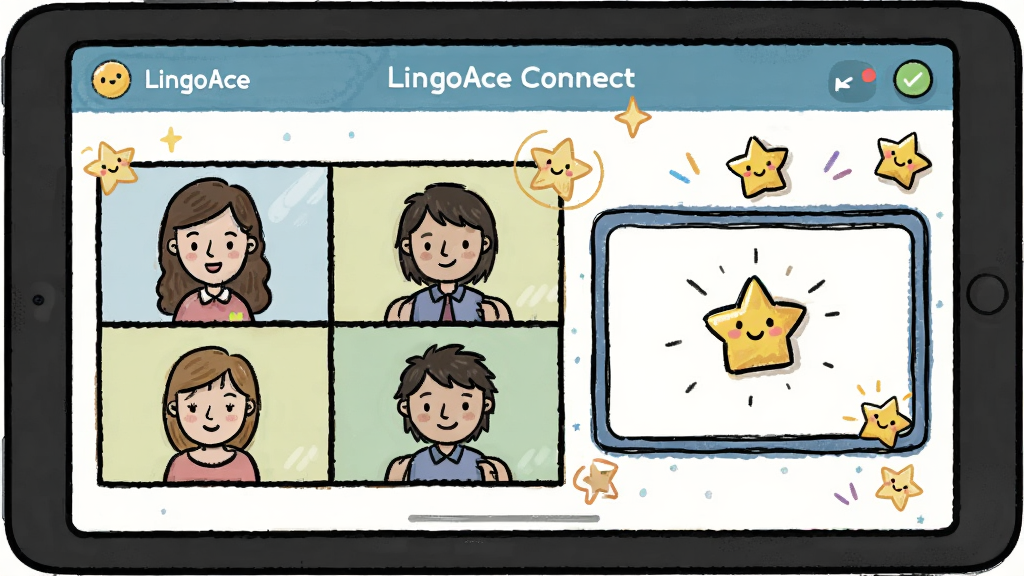 һ��չʾLingoAce Connect��������ȫò��ͼƬ��������һ��ƽ�������Ļ����Ļ����ʾ��LingoAce Connect�Ŀ��ý��棬����ʦ��ѧ������Ƶ���ڣ��Ա��л����װ�ͽ������ǵ�ͼ�꣬�����������Ű��࣬����ǿ�ͨ�ֻ�磬ϸ�ڰ����ɰ������Ǻ�Ц��Ԫ�أ����ʸ��壬�ɾ����޶���Ԫ��