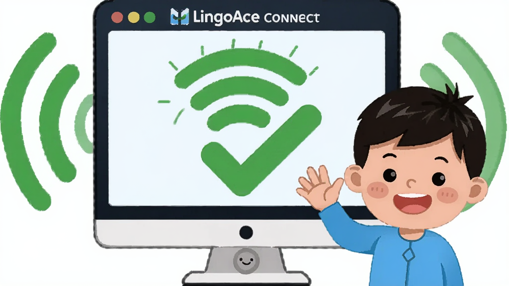 һ��չʾLingoAce Connect�ȶ����ӹ��ܵ�AI��ͼ��������һ����ͨ���ĵ�����Ļ����Ļ����ʾ����ɫ�������ź�����ͼ���һ�����ĶԹ����Ա��и�С���ѿ��ĵض�������ͷ���֣������ڻ������룬�Ű����ҶԳƣ�����Ǳ�ƽ���廭�磬ϸ�����źŲ��ƺ�Ц���������������ɾ����޶���Ԫ��