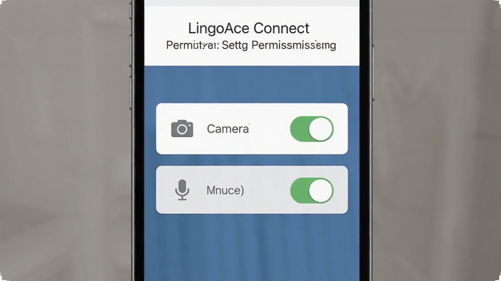 һ��չʾLingoAce Connect��װȨ�����õ�AI��ͼ��������һ���ֻ���Ļ��ͼ����ͼƬ����Ļ����ʾ��Ȩ�޹������棬������ͷ����˷�Ŀ��ذ�ť�������ڻ������룬�Ű�����������Ǳ�ƽ��UI��ƣ�ϸ������ɫ�ͻ�ɫ�Ŀ���ͼ�꣬���ʸɾ����޶���Ԫ��
