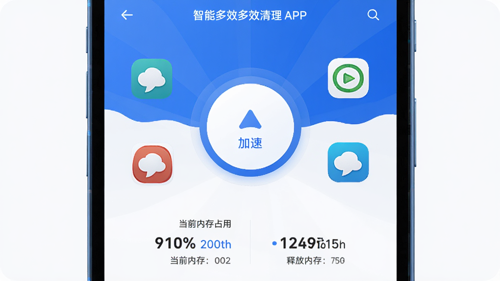 ���ܶ�Ч�����ڴ���ٹ���չʾ���ֻ���Ļ��ʾ���ܶ�Ч����APP���ڴ����ҳ�棬ҳ��������һ��Բ�εļ��ٰ�ť����Χ�������������е�Ӧ��ͼ�꣬�·���ʾ��ǰ�ڴ�ռ�ðٷֱȺ����ͷ��ڴ���ֵ���������Լ�Ƽ��У�����ɫ�����Ű����������ʸɾ��޶���Ԫ��