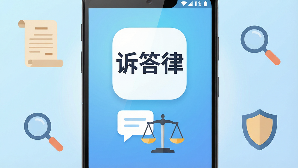 手机应用商店展示页面风格,画面中央一部安卓手机屏幕亮起,屏幕内显示“诉答律”三个大字的APP图标,图标下方是简洁的问答对话气泡和天平元素组合,背景为浅蓝色渐变,四周环绕法律条文卷轴、放大镜、盾牌等扁平化图标,整体布局居中,排版干净,风格现代扁平化,细节圆润,画质清晰,无多余元素
