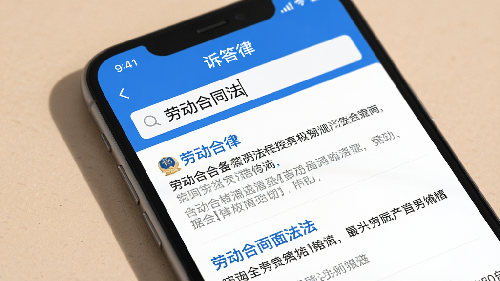 手机屏幕特写,显示“诉答律”APP的法条检索页面,顶部搜索框输入“劳动合同法”,下方列表展示相关法条标题和摘要,页面配色为蓝白相间,字体清晰易读,手机周围有淡淡的阴影,背景为纯色桌面,风格简洁商务,画质高清,无多余元素