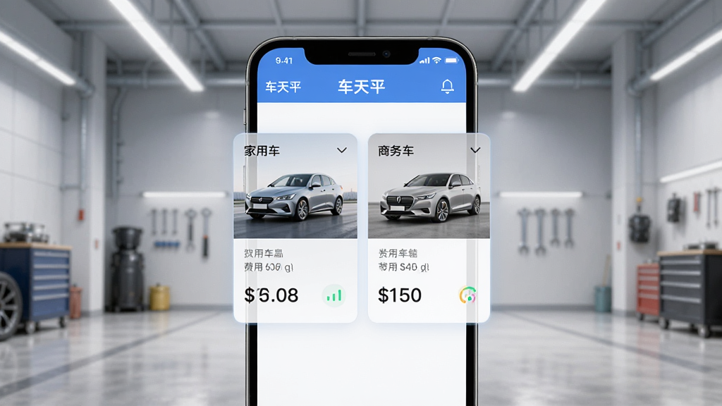һ��AI���ɵ�ͼƬ��������һ���ֻ���Ļ��ʾ������ƽ��APP�Ķ೵���������棬��Ļ�����������Ŀ�Ƭ��Ϣ���ֱ��ע�����ó����͡����񳵡���ÿ�����·��ж����ķ���ͳ�����֣������Ǽ��ĳ��ⳡ��������ִ��Ƽ��У����ʸɾ����޶���Ԫ��