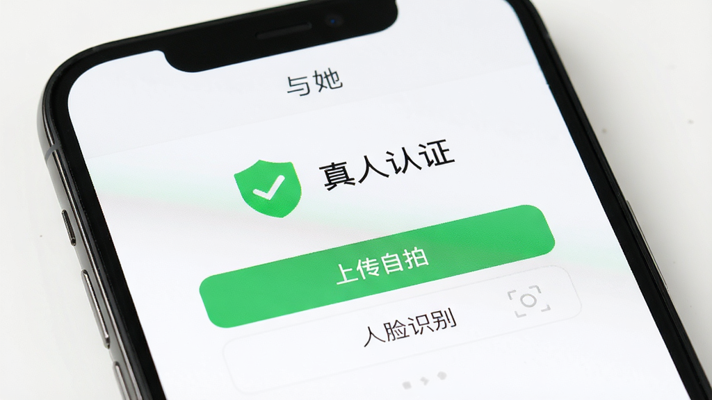 手机屏幕特写,显示“与她”软件的真人认证界面,一个绿色的盾牌图标旁边写着“真人认证”,下方有“上传自拍”和“人脸识别”两个按钮,背景是干净的白色,风格简洁安全,画质清晰