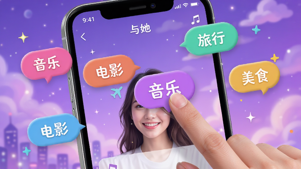 手机界面截图,展示“与她”软件的兴趣选择页面,屏幕上漂浮着“音乐”、“电影”、“旅行”、“美食”等彩色标签气泡,用户手指正点击“音乐”标签,背景是梦幻的紫色调,风格活泼有趣,画质细腻