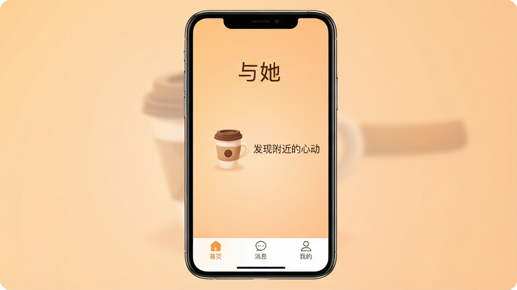 一张手机屏幕展示界面,屏幕中央是“与她”软件的主页,背景是温暖的浅橙色渐变,页面中间有一个柔和的插画风格咖啡杯图标,旁边有“发现附近的心动”字样,底部导航栏有“首页”、“消息”、“我的”三个图标,整体风格温馨简约,画质干净无多余元素