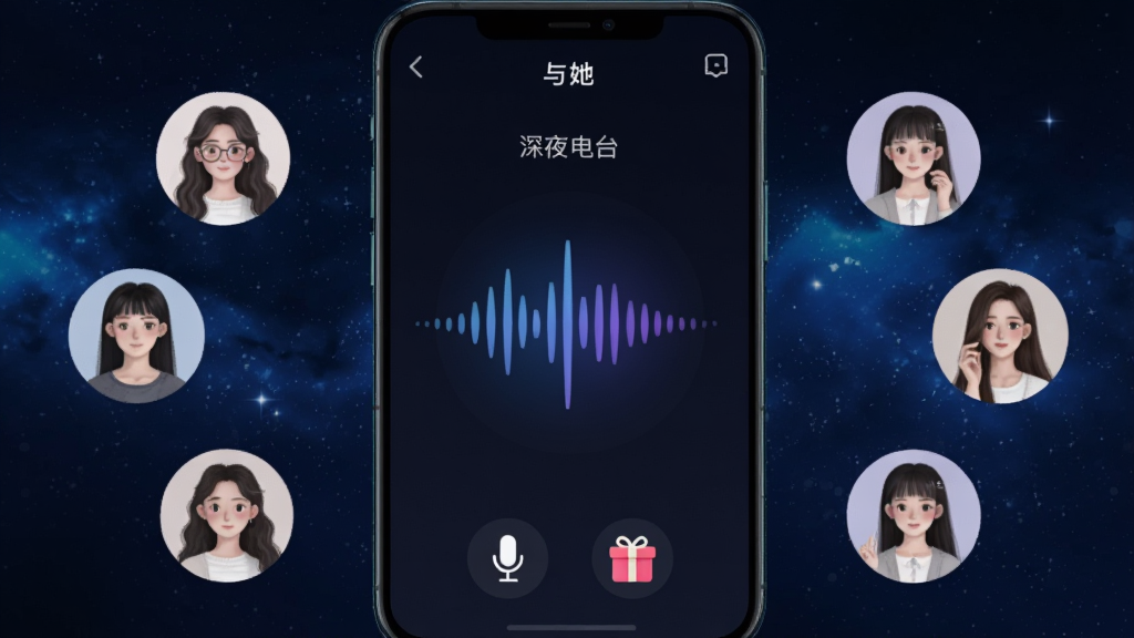 手机屏幕显示“与她”软件的语音聊天室界面,一个房间内有多位用户头像围成一个圈,中间是声波跳动的动画,房间名称是“深夜电台”,底部有麦克风和礼物图标,背景是深蓝色星空,风格沉浸神秘,画质干净