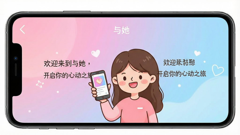 一张手机屏幕截图,展示“与她”软件的引导页,画面中央是一个卡通人物拿着手机微笑,旁边有文字“欢迎来到与她,开启你的心动之旅”,背景是柔和的粉蓝色渐变,风格可爱亲切,画质干净无多余元素