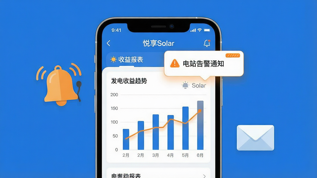 一张展示“悦享Solar”消息提醒与收益报表功能的图片。画面主体是手机屏幕,屏幕内显示“悦享Solar”App的收益报表页面,有柱状图和折线图展示发电收益趋势,上方弹出消息提醒气泡,写着“电站告警通知”。手机旁边有一个铃铛图标和信封图标作为装饰。整体风格为现代扁平化设计,蓝白配色为主,点缀橙色提醒色,细节干净,画质清晰无多余元素。