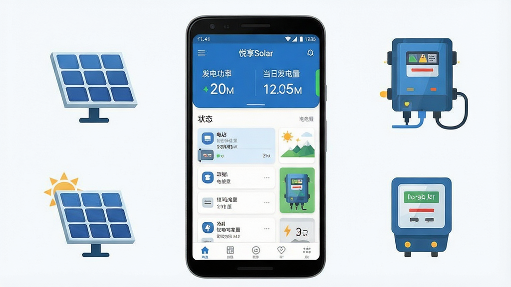 一张展示“悦享Solar”软件核心全貌的图片。画面主体是一部安卓手机,屏幕内展示“悦享Solar”App的主界面,界面布局清晰,顶部显示发电功率和当日发电量,中间是电站列表或状态卡片,底部为导航栏。手机周围环绕着太阳能板、逆变器、电表等光伏元素图标,整体风格为现代扁平化科技风,蓝白配色,细节干净,画质清晰无多余元素,适合作为应用下载落地页头图。
