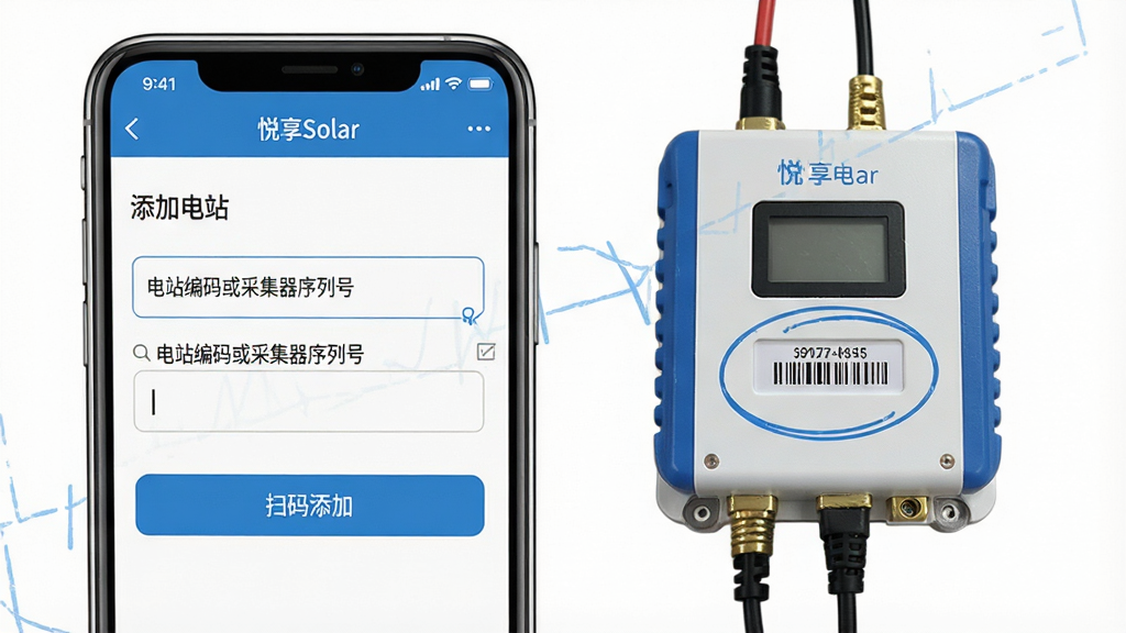 一张展示“悦享Solar”App添加电站操作步骤的图片。画面主体是手机屏幕,屏幕内显示“悦享Solar”App的添加电站页面,有输入框提示输入电站编码或采集器序列号,下方有“扫码添加”按钮。手机旁边放着一张采集器设备照片,上面圈出序列号位置。整体风格为教程示意图风格,简洁清晰,蓝白配色,细节干净,画质无多余元素。